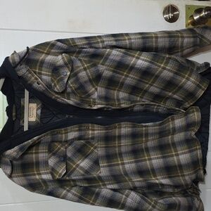 Boston Traders Mens Hooded Jacket Shacket Brown Navy Plaid Flannel Pockets M EUC